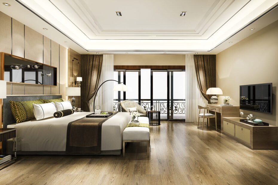 luxury-bedroom-suite-resort-high-rise-hotel-with-working table
